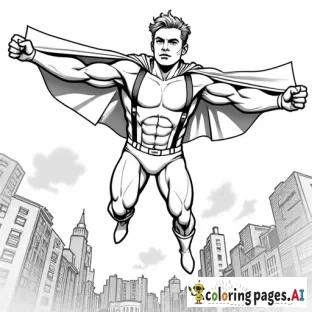 An illustration of    Muscular hunk Caucasian blond 18 year old Vaughn Harris aka Awesome Boy , wearing  ,  bodysuit,   briefs,   suspenders,   cape and   boots   Flying over city showcasing telekinetic powers art in the style of Jim Lee