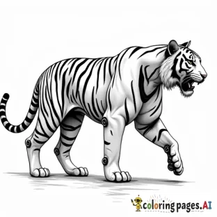 an image of a tiger in stride, the back leg in full view is completely robotic machine, as well as leading up the hip and morphing/merging with the natural body near the center. Half the face is robotic machine, merging with the natural half of the face, with one machine eye, and one natural eye. Technology overtaking nature is the theme here.