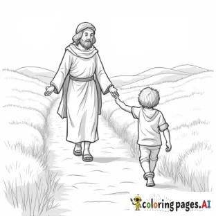an image that represents a two year old boy walking through the darkest valley, with christ leading his way