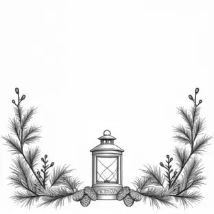 An L shaped corner garland with sprigs of pine branches, pine cones and a winter lantern in the center. IN solid black oil median ART. Entire image to be completely surrounded by a bright white background.