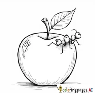 an  tiny ant eating a big apple kids coloring page - with the phrase an ant ate an apple along the bottom- make One big traceable letter Lower case and upper case letter A at the end