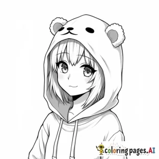 Anime girl wearing bear hoodie. High resolution. Thick line art.