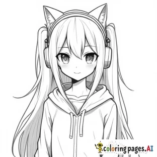 Anime girl wearing cat headphones. High resolution. Thick line art. Gamer girl. Pigtail hair. Long hair.