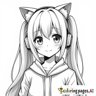 Anime girl wearing cat headphones. High resolution. Thick line art. Gamer girl. Pigtail hair. Long hair.