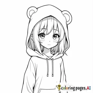Anime girl wearing hoodie with bear ears. Thick line art.
