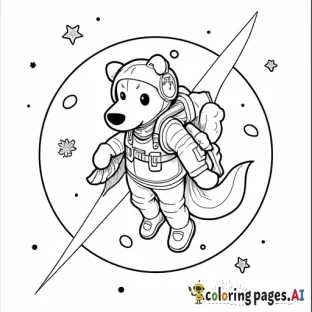 Anime style easy to color with pens showing a dog floating in space with spacewoman