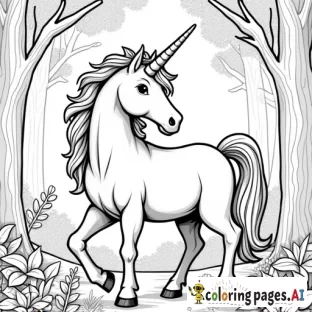B&W coloring book page, majestic unicorn in a forest, line art, solid white background