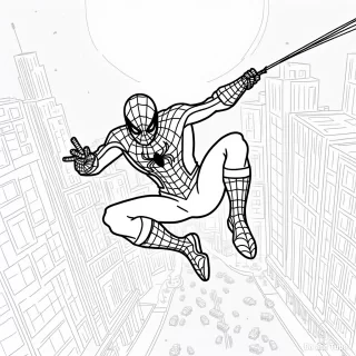 Spider-Man is swinging high above the city skyline, holding onto his web with one hand. Tall skyscrapers and bright lights fill the background, and the moon shines brightly in the night sky. Below, tiny cars and people can be seen on the busy streets, creating a sense of height and excitement.