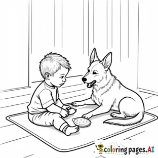 baby boy doing rummy time on a playmat in a house with a German shepard dog