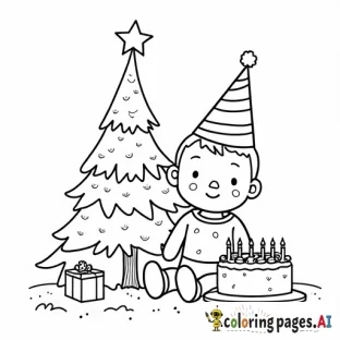 Baby in birthday hat with cake next to Christmas tree