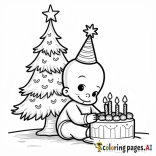 Baby in birthday hat with cake next to Christmas tree