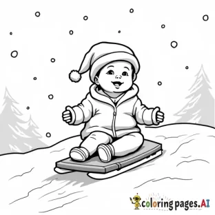 Baby in Christmas hat sledding in snowy landscape