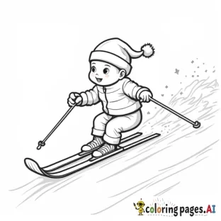 Baby in Santa hat skiing down snowy slopes