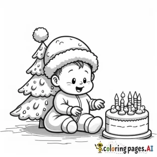 Baby in Santa hat with Christmas tree and cake