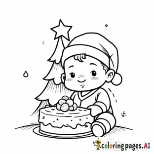 Baby in Santa hat with Christmas tree and cake