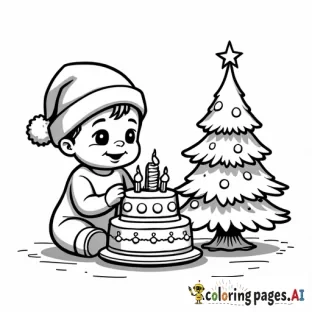 Baby in Santa hat with Christmas tree and cake
