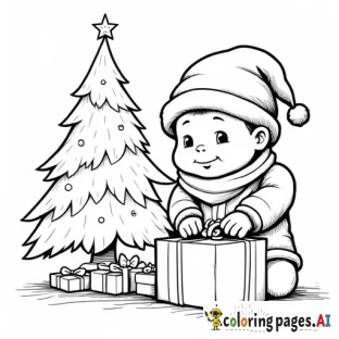 Baby with Santa hat opening present next to Christmas tree