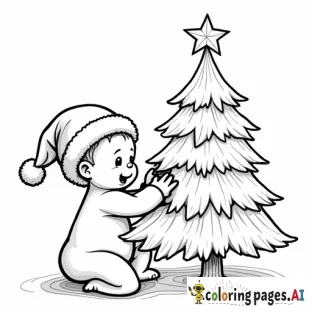 Baby with Santa hat putting ornament on Christmas tree