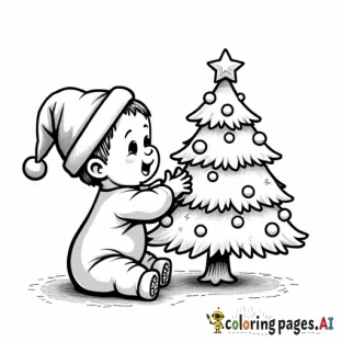 Baby with Santa hat putting ornament on Christmas tree