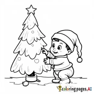 Baby with Santa hat putting ornament on Christmas tree losing balance