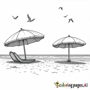 beach scene with umbrellas and seagulls and surf boards
