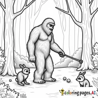 bigfoot playing golf in the woods with a rabbit, owl, and a raccoon