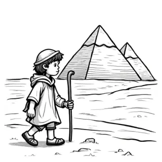 Black and white coloring page. A cute cartoon shepherd boy with a simple staff, walking towards 3 large pyramids in the distance. Thick bold outlines. Large empty spaces inside each shape. White background. No shading. No small details. The shepherd's cloak is one big simple shape. The pyramids are large triangles with no brick lines. Very simple style for toddlers.