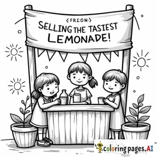 "Black and white coloring page for kids featuring a cute lemonade stand with the sign 'Selling the Tastiest Lemonade with Friends!' in big bold letters. Children happily selling and buying lemonade together, with lemons, cups, a pitcher, and summer decorations like bunting or sunshine. Thick black outlines only, no color, perfect for printing and coloring." - Free Printable Coloring Page