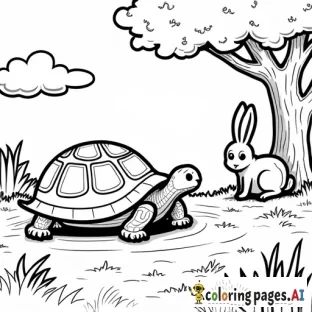 Black and white coloring page in Bobbie Goods style. A determined tortoise with a round shell walks steadily on a path. Ahead, a relaxed hare with long ears naps under a tree. The background features simple nature elements like grass, flowers, and clouds. Clean, fine outlines, no shading, ample space for coloring