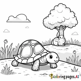 Black and white coloring page in cute and comfy style. A determined tortoise with a round shell walks steadily on a path. Ahead, a relaxed hare with long ears naps under a tree. The background features simple nature elements like grass, flowers, and clouds. Clean, fine outlines, no shading, ample space for coloring