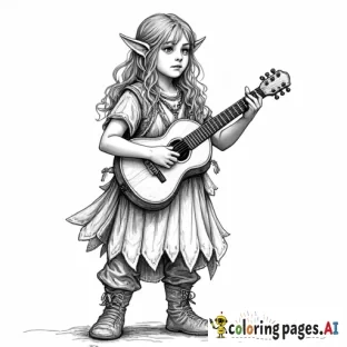 black and white coloring page of a standing female halfling from dnd, full body, playing a mandolin