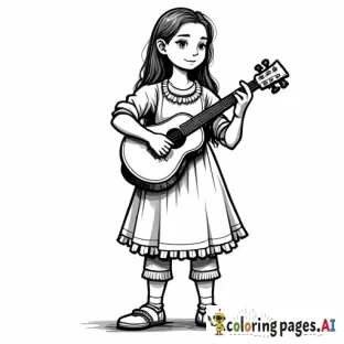 black and white coloring page of a standing female halfling, full body, playing a mandolin
