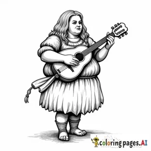black and white coloring page of a standing female stout halfling, full body, playing a mandolin
