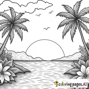 Black and white coloring page of a tropical landscape