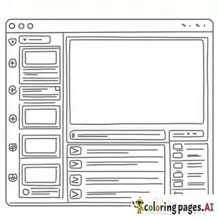 Black and white line art illustration in the cozy, whimsical style of Bobby Goods, focused entirely on a high-fidelity video feed layout wireframe. Desktop layout: large header bar, sidebar navigation with multiple sections, vertical rows of video thumbnail cards with placeholders for title and metadata. Include buttons, icons, and pagination controls. Clean, rounded, hand-drawn outlines, simplified but detailed, perfect for coloring.