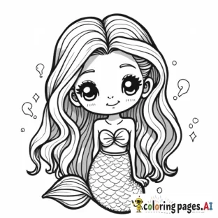 black and white Line drawing of a kawaii mermaid braiding her hair, no grey