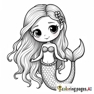 black and white Line drawing of a kawaii mermaid braiding her hair, remove gray