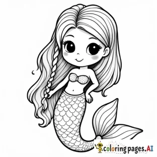 black and white Line drawing of a kawaii mermaid braiding her hair