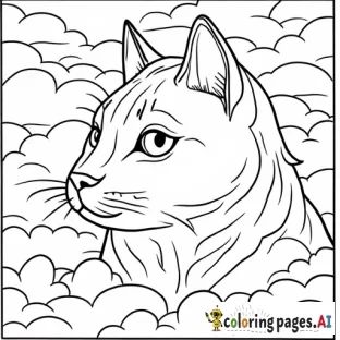 Black and white line drawing of cat in the clouds, Gustav Klimt and art deco style