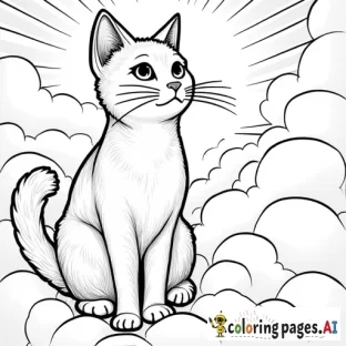 Black and white line drawing of cat standing in the clouds, Gustav Klimt and art deco style