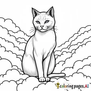 Black and white line drawing of cat standing in the clouds in the style of Gustav Klimt and art deco style