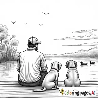 Black and white Outline drawing of a man in a ballcap hat wearing camo sitting on a dock facing the water looking at the sunrise with 2 dogs, a chocolate lab and yellow lab next to him. In the water, there are lots of ducks
