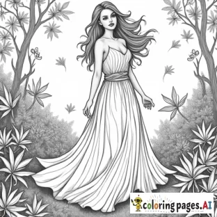 black and white, semi-realistic, beautiful woman wearing a long flowy dress in an enchanted forest with fairies, cannabis plants, suitable for coloring