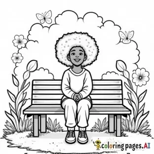 “Black girl with beautiful natural afro hair, sitting peacefully on a park bench, smiling, wearing casual cozy clothes, surrounded by flowers and butterflies, bold outlines, clean and simple coloring page, no background shading, suitable for adult and kids coloring book, line art, Coco Wyo style, no colors, no grayscale, high resolution”