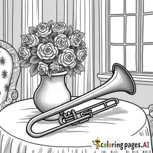 black & white coloring page, trombone and a vase of roses behind it, on a table with fabric, background has fancy furniture and a window