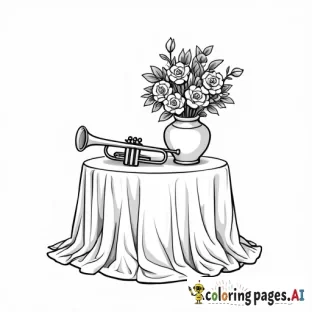 black & white coloring page, trumpet and a vase of roses on a table with fabric,