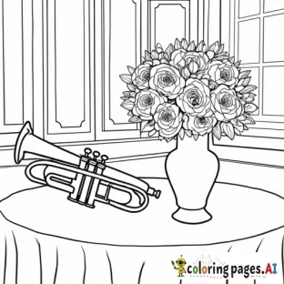 black & white coloring page, trumpet and a vase of roses on a table with fabric, background has fancy furniture and a window