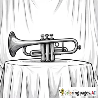 black & white coloring page, trumpet on a table with fabric, baroque background