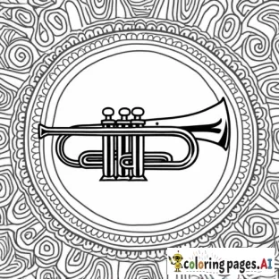 black & white coloring page, trumpet on display with intricate background.