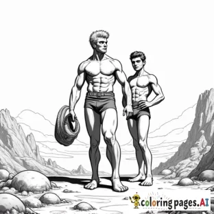 Blank Coloring book page Brothers muscular hunk  Caucasian blond Vaughn Harris aka Awesome Boy 18 years old  and  athletic fit Caucasian blond  "Dren" Bierce aka Impressive Lad 14 years old  patrolling alien citadel on planet Zaylene   1940s Retro futuristic Illustration art in the style of 1950s pulp novel
